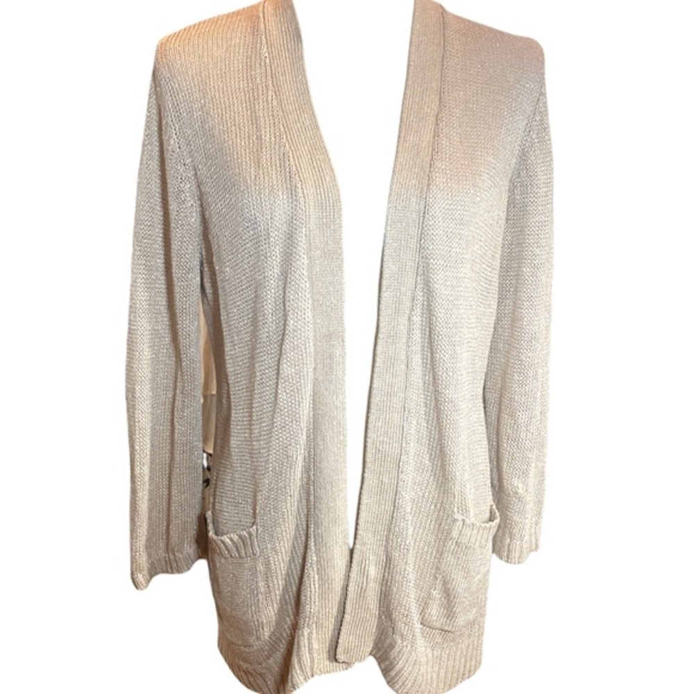 CHICO’s  cotton tan with metallic golden threads  open cardigan Sz 1X